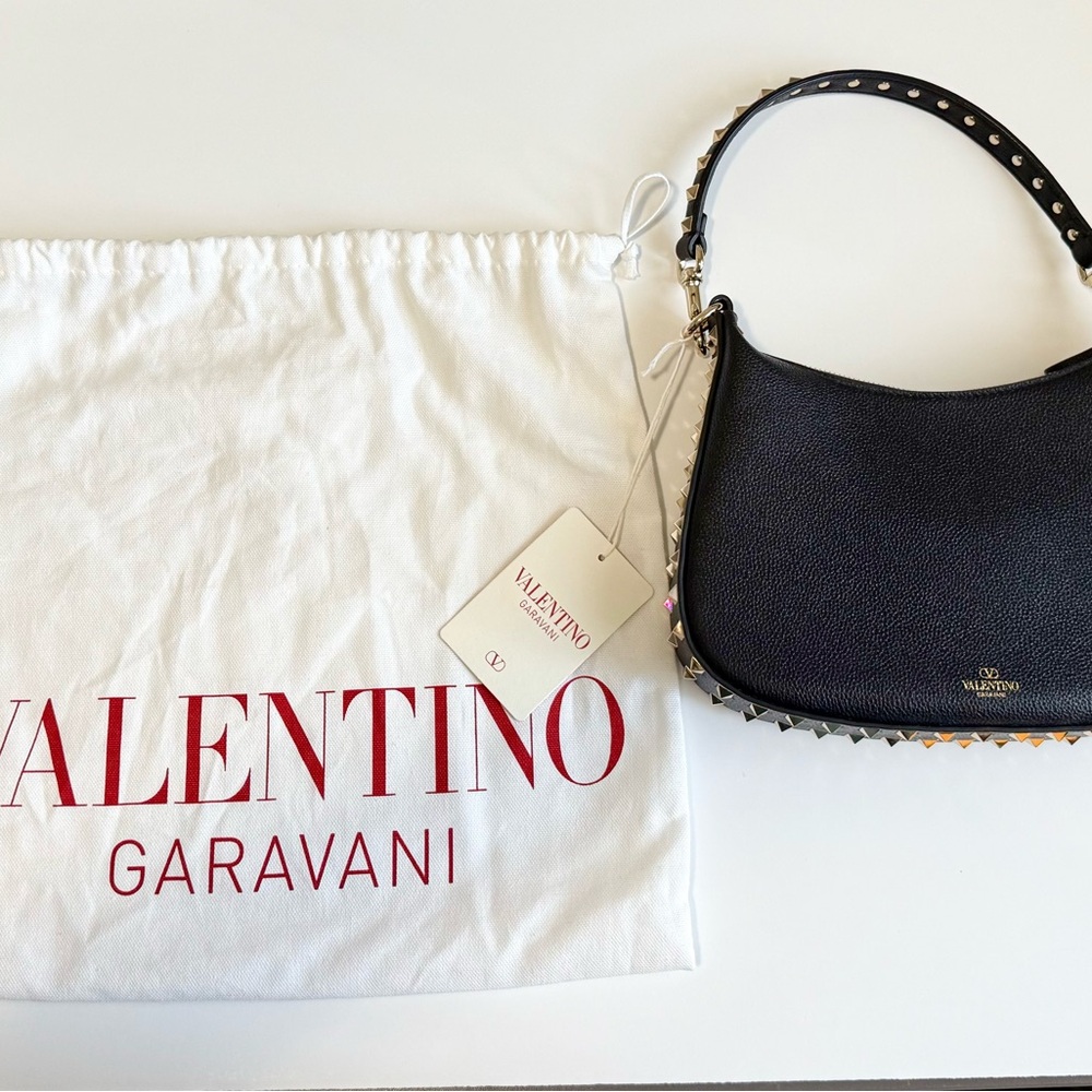 Valentino Rockstud Black Leather Studded Slim Hobo Shoulder Bag